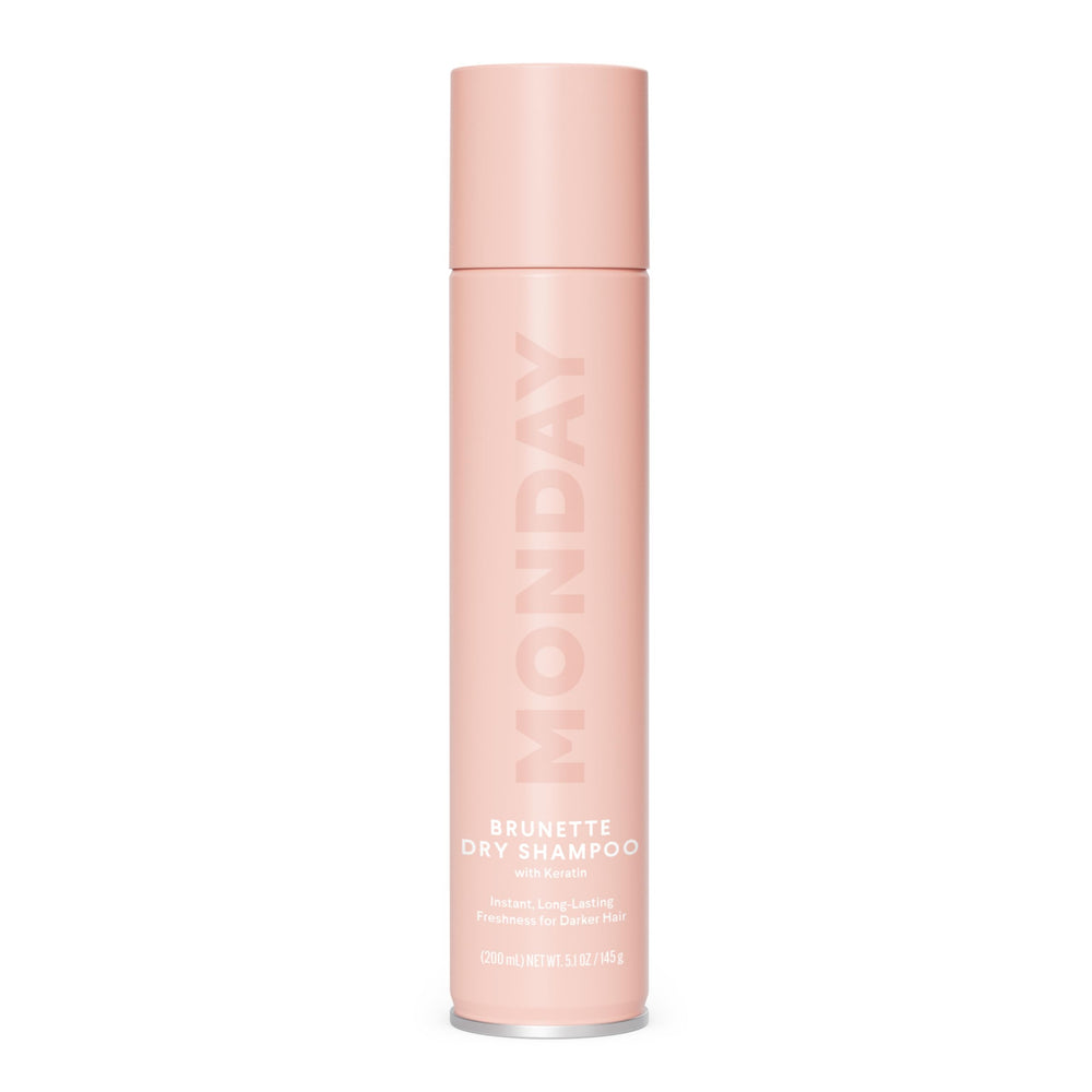 MONDAY Haircare Brunette Dry Shampoo bottle pour refreshes darker hair between washes.
