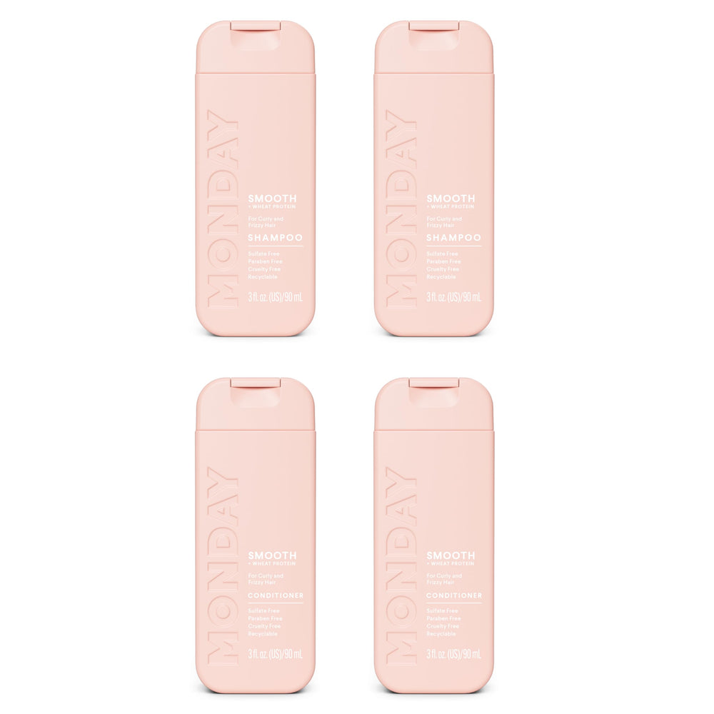 MONDAY Haircare SMOOTH shampoo bottle front shows frizz-control formula in action.