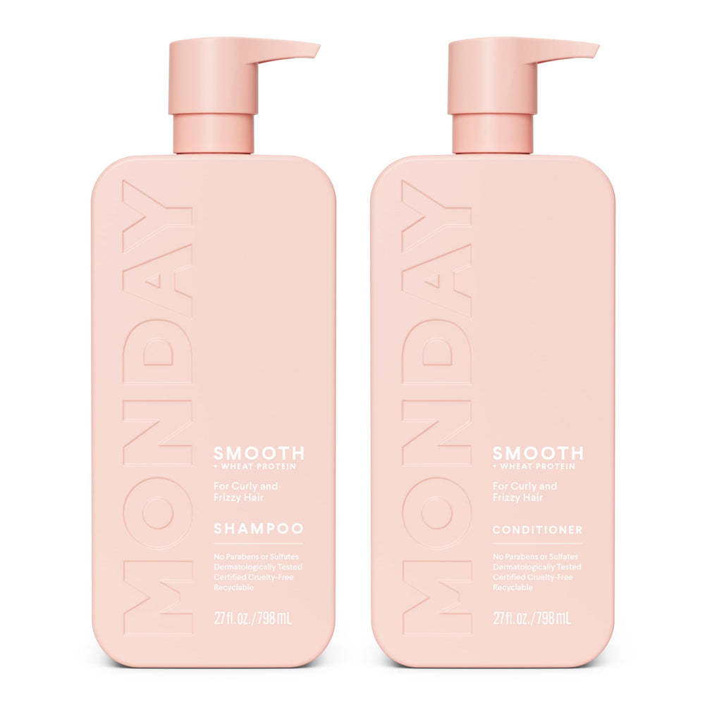 MONDAY Haircare Smooth Shampoo bottle shows frizz-control for curly hair.