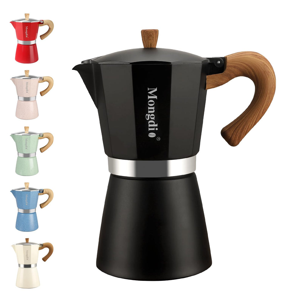 Mongdio moka pot side view in black for compact stovetop espresso at home.