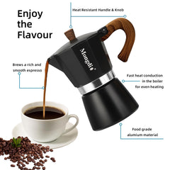 Mongdio moka pot top-down view highlighting heat-resistant handle and safety valve.