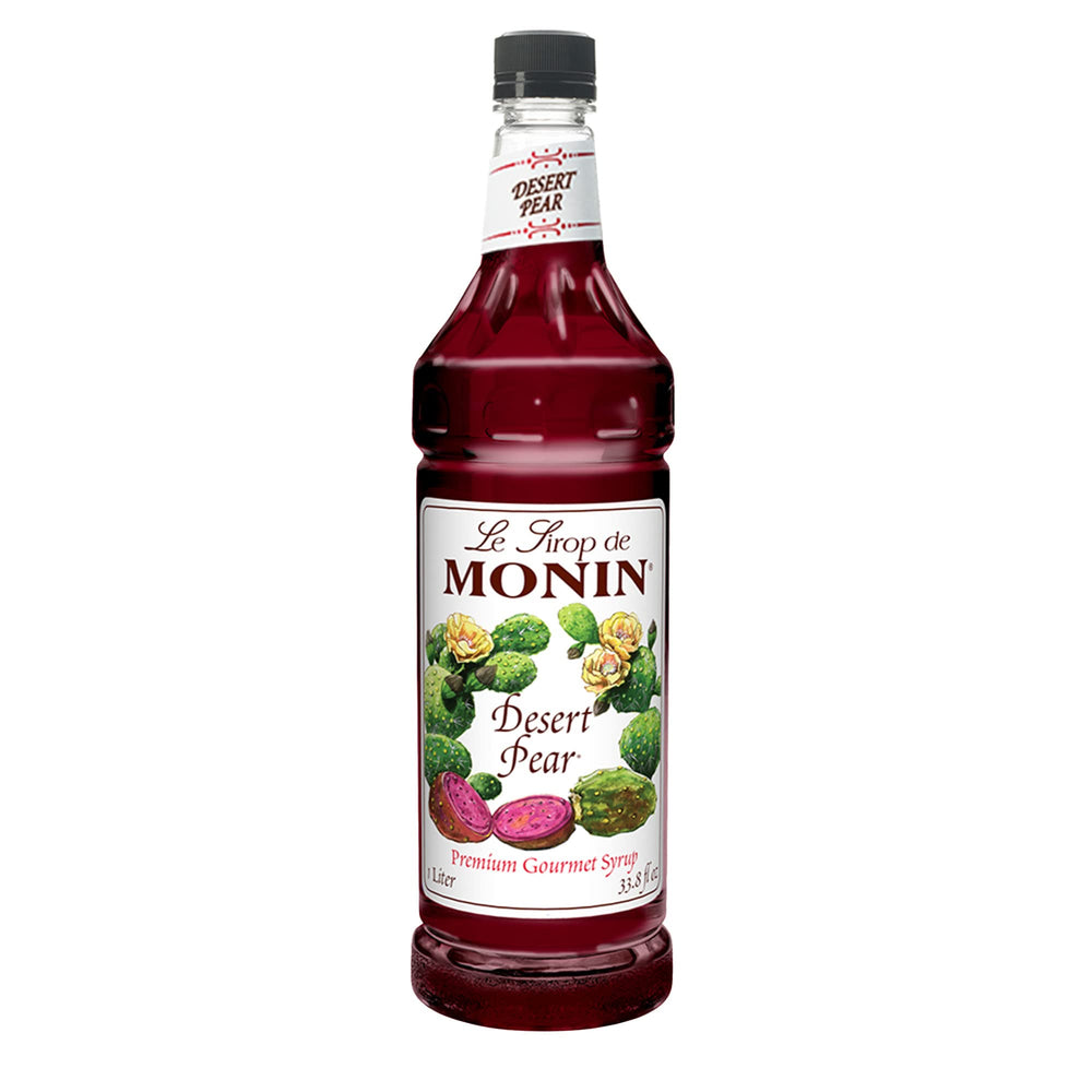 Monin Desert Pear Syrup bottle elevates drinks with a bold fuchsia hue.