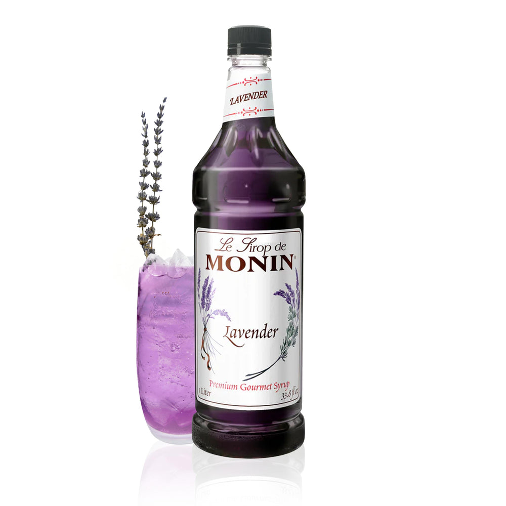 Monin Lavender Syrup bottle close-up showing premium packaging and lavender hue