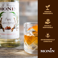 Monin Pure Cane Syrup label highlighting allergen-free and non-GMO features
