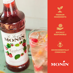 Monin Raspberry Syrup in a glass, delivers sweet-tart berry aroma