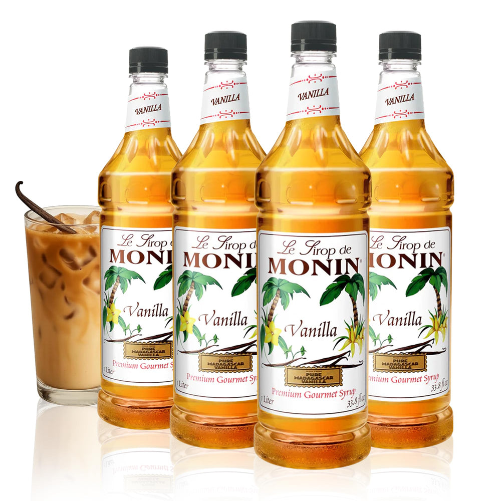 Monin Vanilla Syrup bottle pour highlights Madagascar vanilla flavor for coffee