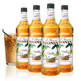 Monin Vanilla Syrup bottle pour highlights Madagascar vanilla flavor for coffee