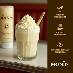 Monin White Chocolate Sauce coffee topping adds a silky finish to drinks