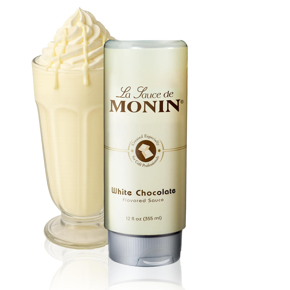 Monin White Chocolate Sauce latte pour highlights creamy texture for premium coffee