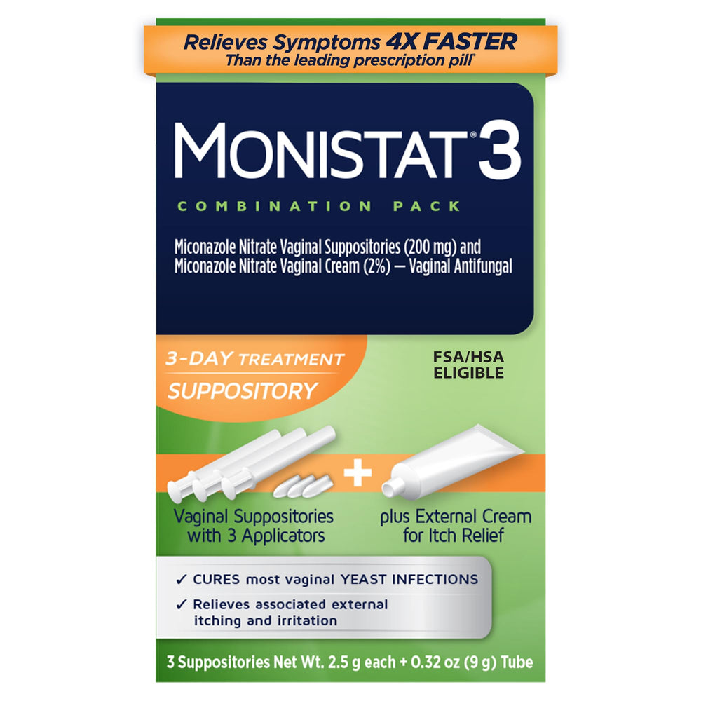 Monistat 3-Day treatment pack overview with easy disposable applicator for overnight use.