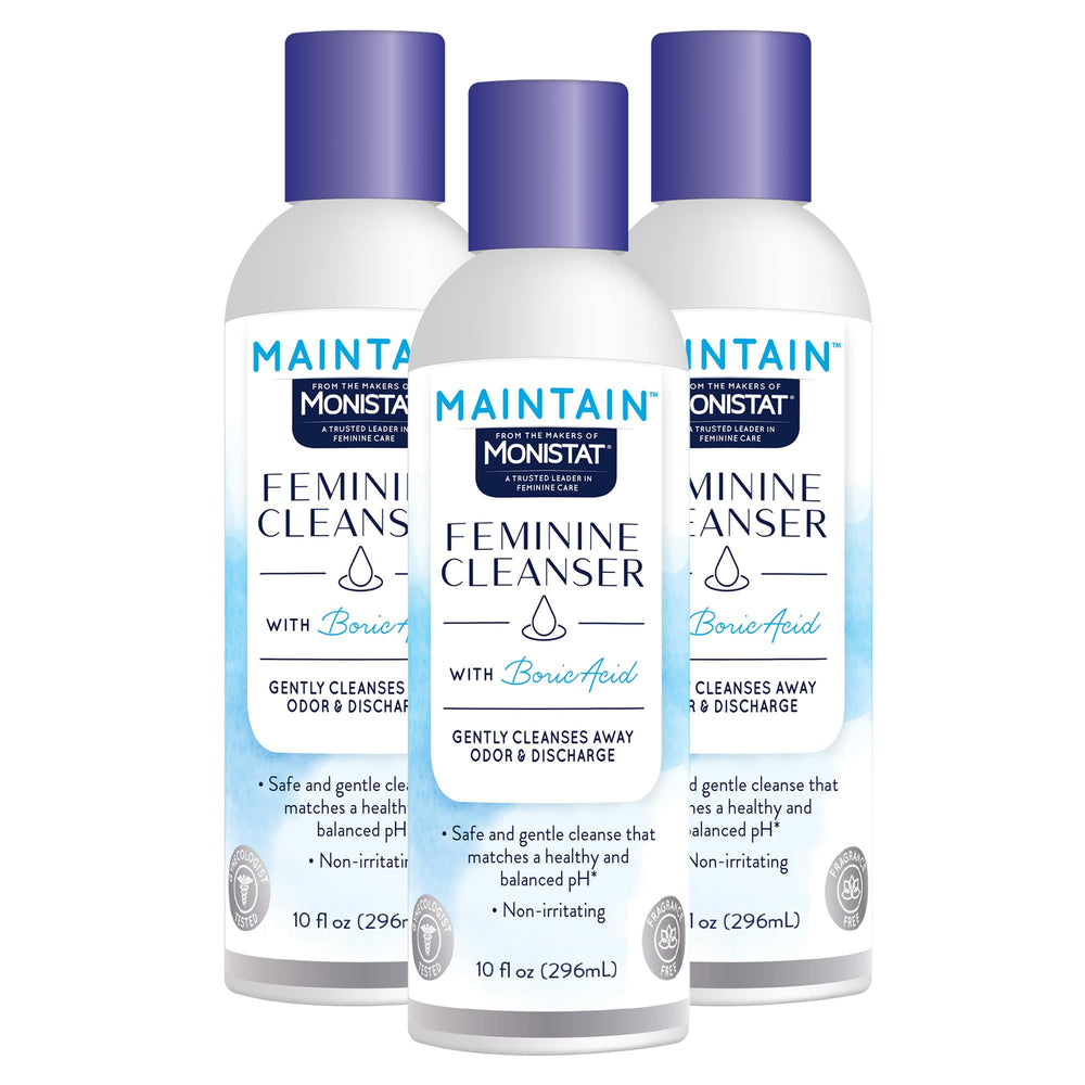 Monistat Boric Acid Feminine Wash bottle front, fragrance-free daily cleanse