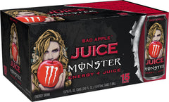 Monster Energy Juice Bad Apple can, side view, highlights real sugar and caffeine content.