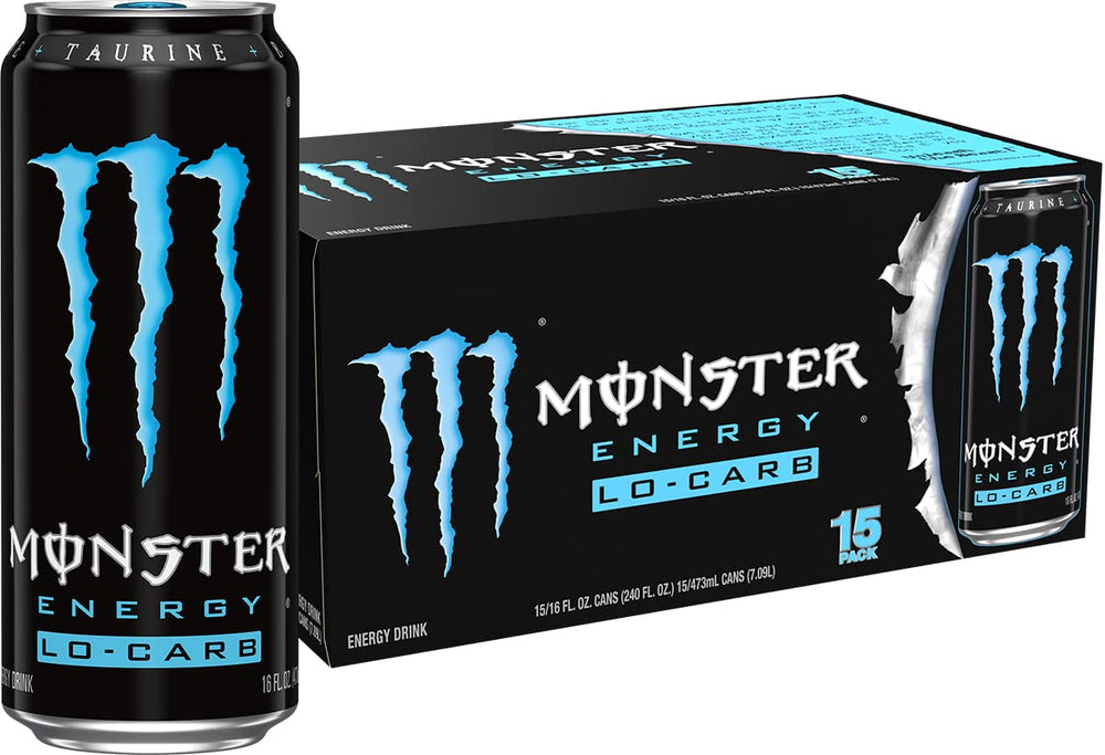 Monster Energy Lo-Carb bottle pour shows smooth flavor and lower calories.