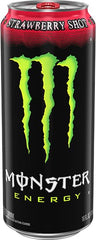 Monster Energy Strawberry Shot label closeup featuring bold branding and athletic-ready energy.