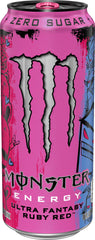 Monster Energy Ultra Fantasy Ruby Red label closeup shows clean zero-sugar energy.