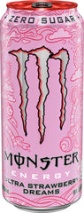 Close-up can of Monster Ultra Strawberry Dreams emphasizing bright red design for on-the-go energy.