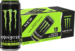 Monster Energy Zero Sugar Green can front view highlighting zero sugar and original flavor for clean energy boost