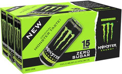 Monster Energy Zero Sugar Green 15-pack in view promoting low-calorie option for longer sessions