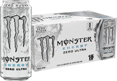 Monster Energy Zero Ultra can front view highlighting zero sugar and low calories
