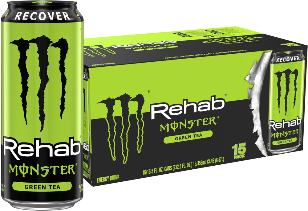 Monster Rehab Green Tea bottle front view showing hydration-focused design and flavor notes
