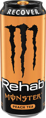 Close-up of Monster Rehab Peach Tea + Energy label showing electrolytes and vitamins