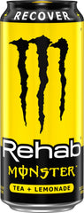 Close-up of Monster Rehab label with lemon flavor.