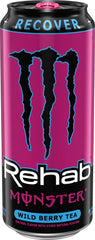 Monster Rehab Wild Berry Tea label highlights electrolytes and vitamins aiding hydration.