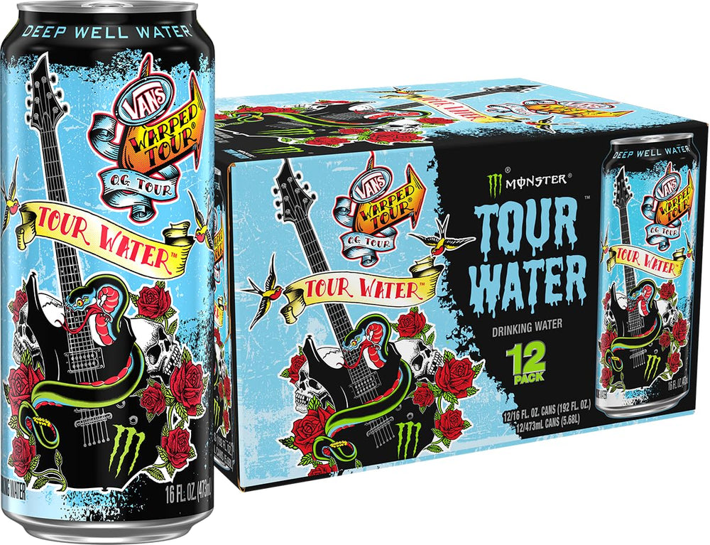 Monster Tour Water deep-well 16oz bottle shown, ideal for on-the-go hydration.