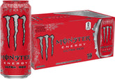 Monster Ultra Red cans on a store shelf highlight zero sugar and berry flavor.