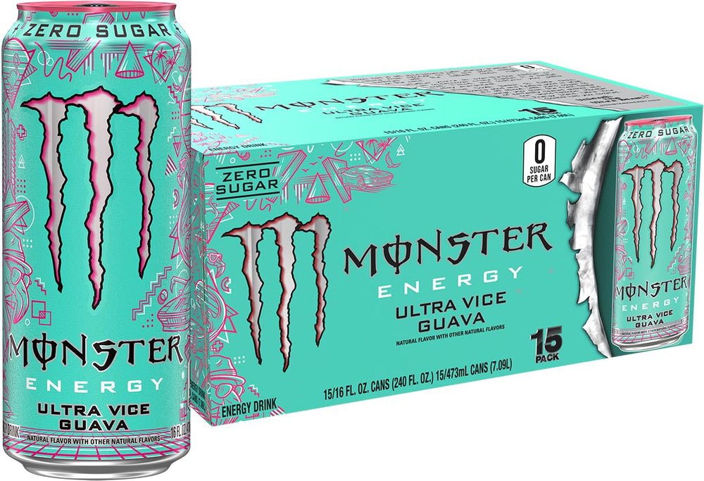 Monster Ultra Vice Guava can front view highlighting zero sugar option