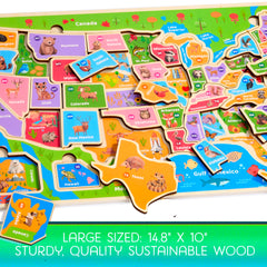 Montessori Mama USA Map Puzzle vibrant colors and smooth surfaces invite tactile play.