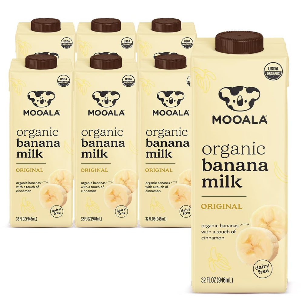 Mooala Banana Milk pack front, shelf-stable plant-based beverage.