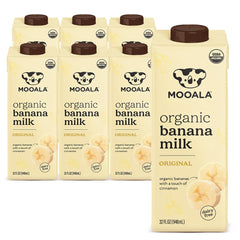 Mooala Banana Milk pack front, shelf-stable plant-based beverage.