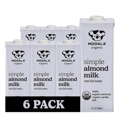 Mooala Simple Vanilla Almond Milk bottle on a pantry shelf, dairy-free option.
