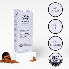 Close-up of Mooala Vanilla Bean Almond Milk label, organic and sustainable.