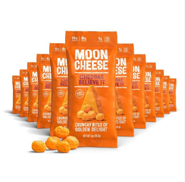 Moon Cheese Cheddar Believe It 1oz 12-pack bites show real cheddar crunch, snack-ready