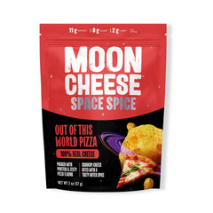 Moon Cheese Space Spice bag close-up highlighting crisp texture and bold chili flavor