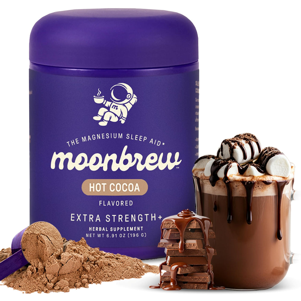 MoonBrew Nighttime Magnesium Hot Cocoa jar showing rich, relaxing ritual