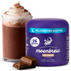 MoonBrew Nighttime Magnesium Hot Cocoa Jar on shelf, promoting a soothing evening ritual.