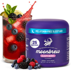 MoonBrew Sleepy Berry jar label highlights melatonin-free formula for restful nights.