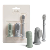 Moonkie baby finger toothbrush in blue with soft silicone bristles for gentle cleaning.
