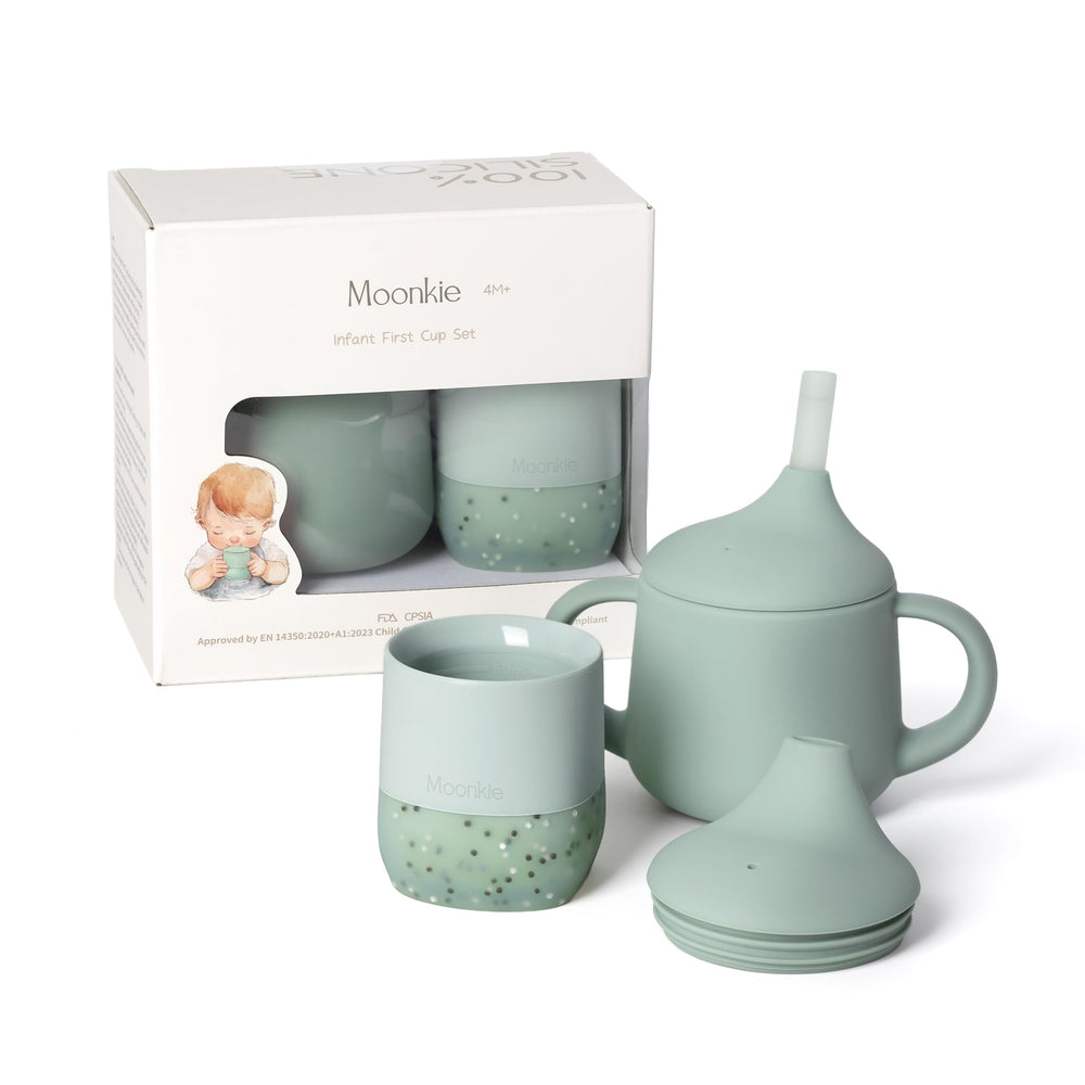 Moonkie Baby Training Cup Mint Set, front view shows the 2-pack design for easy grip.