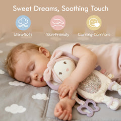 Moonkie bunny security blanket textured ribbons promote tactile exploration for babies.