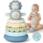 Moonkie dinosaur stack-top with safe teething surface for soothing gums.