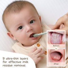 Moonkie tongue cleaner blue highlights one-piece design for safe, thorough cleaning.