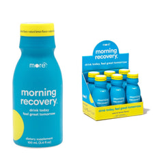More Labs Morning Recovery bottle closeup highlighting electrolyte blend for post-drinking hydration.