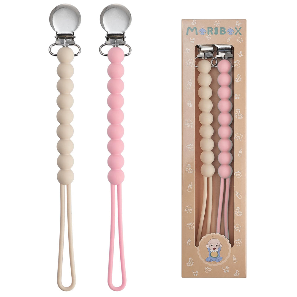 MORIBOX pacifier clip in classic colors keeps pacifier within easy reach.