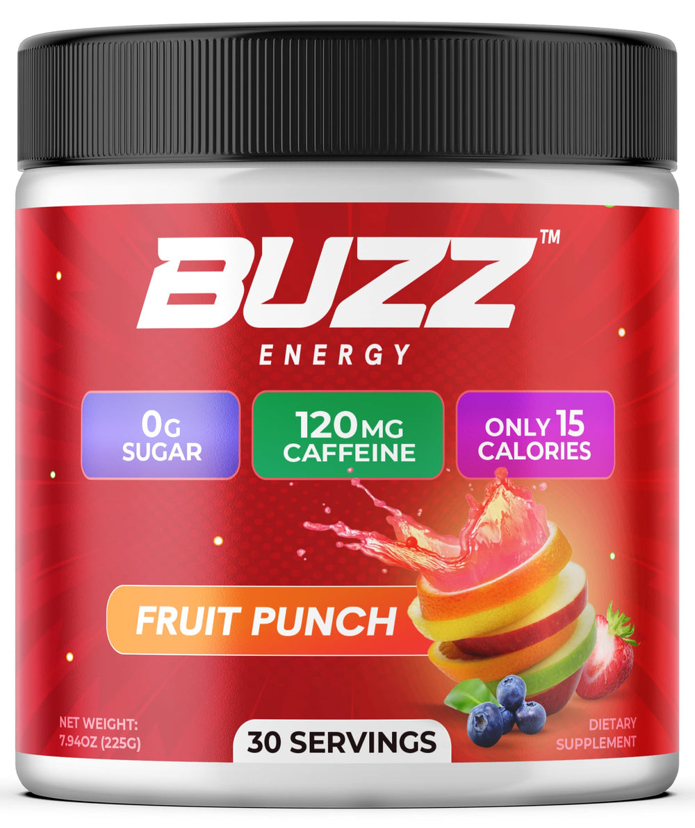 Morning Buzz Energy Powder tub front with Fruit Punch flavor for a quick boost