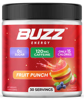 Morning Buzz Energy Powder tub front with Fruit Punch flavor for a quick boost