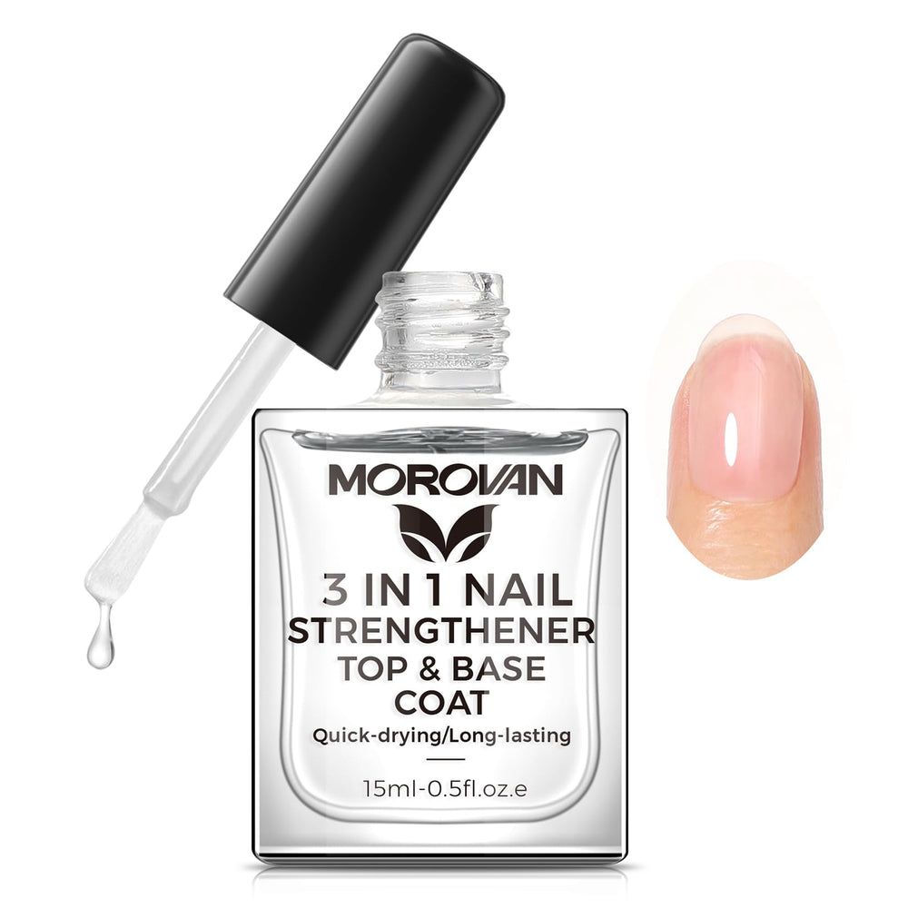 Morovan Base Coat Nail Strengthener bottle-front displaying a clear 3-in-1 formula for protection